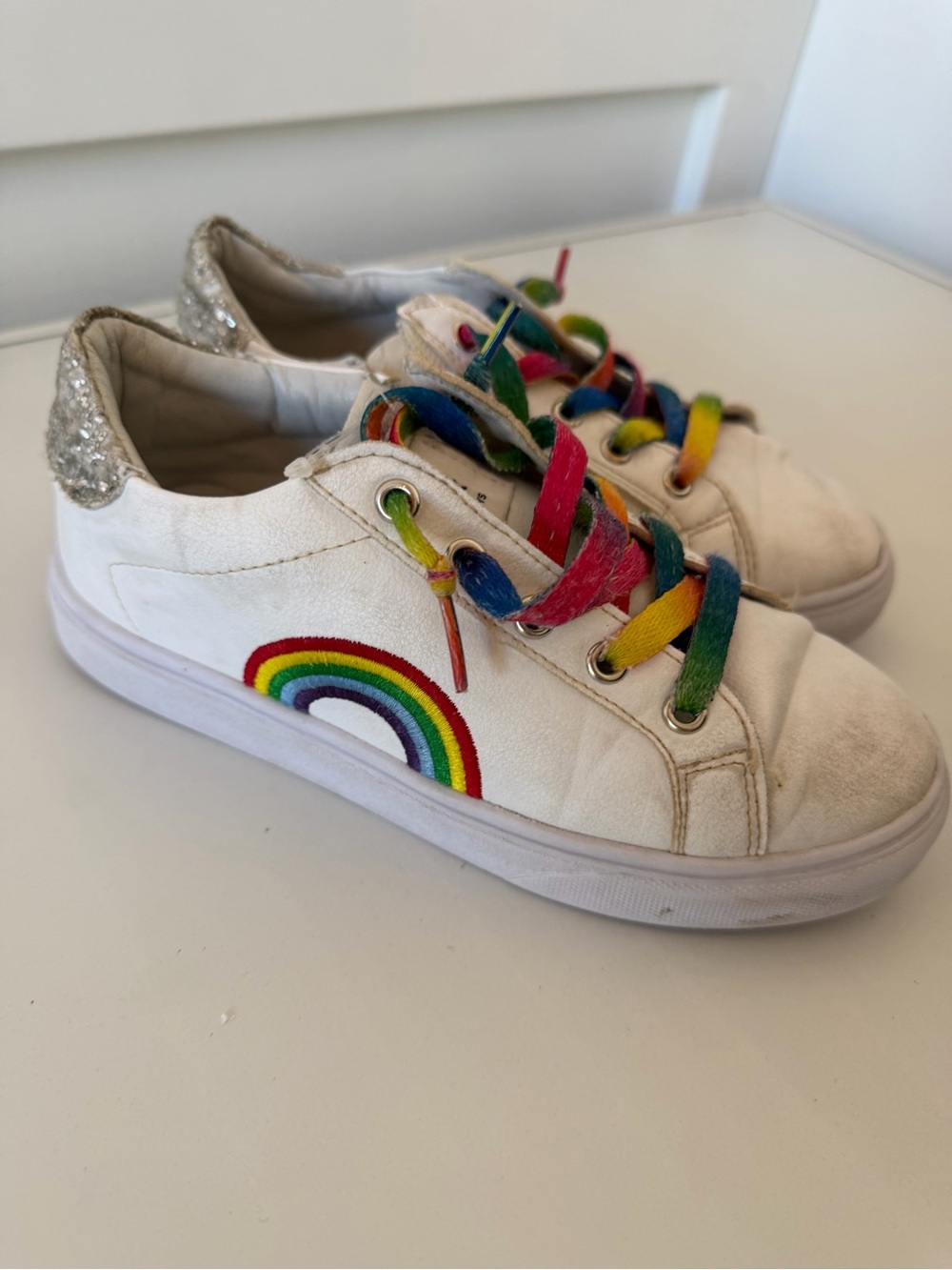 Lola + The Boys White Sneakers with Rainbow Patch & Multicolor Laces